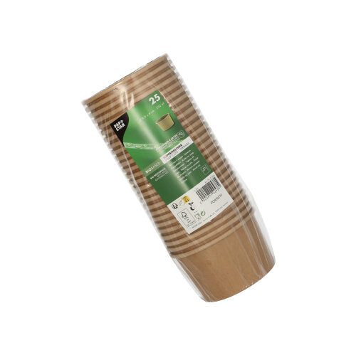 Ein Stapel von 25 braunen PAPSTAR Suppenbechern aus Pappe (230 ml, Ø 9,8 cm, 6 cm), verpackt in Klarsichtfolie mit grün-weißem Etikett der PAPSTAR GmbH – ideal für die Gastronomie.