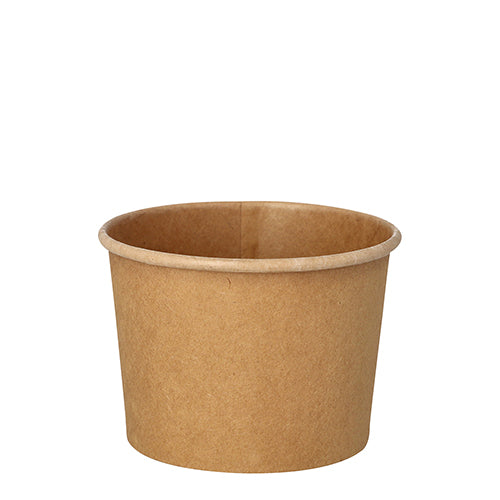 Abgebildet ist ein schlichter brauner 350 ml Suppenbecher (Ø 9,8 cm, 7 cm hoch) der PAPSTAR GmbH von vorne. Dieser umweltfreundliche Pappbecher (25 Stück) eignet sich ideal zum Servieren von Speisen oder Getränken.