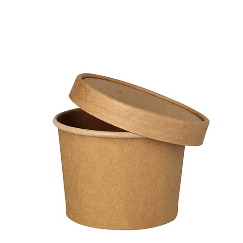 Ein brauner PAPSTAR Suppenbecher aus Pappe (25 Stück, 350 ml, Ø 9,8 cm, 7 cm) mit passendem Deckel von PAPSTAR GmbH steht vor weißem Hintergrund.