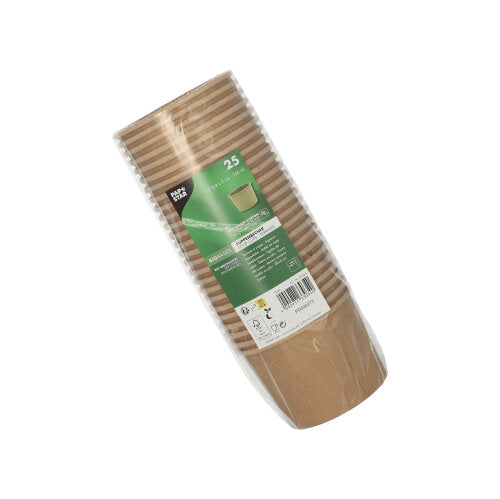 25er-Pack braune, gerippte Suppenbecher (350 ml, Ø 9,8 cm x 7 cm) der PAPSTAR GmbH aus Karton, in Klarsichtfolie gehüllt – ideal als umweltfreundliche Suppenbecher.