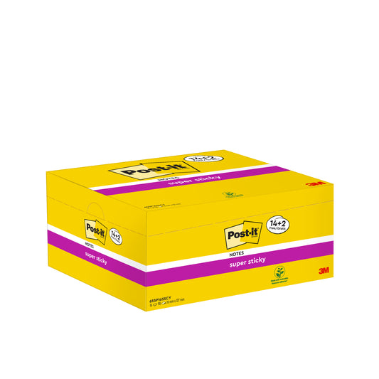 Eine gelbe und lilafarbene Schachtel Post-it® Super Sticky Notes (76 x 127 mm, 90 Blatt/Block, 14 Blöcke + 2 gratis) der 3M Deutschland GmbH wird vor einem weißen Hintergrund mit Produkt- und Werbedetails gezeigt.