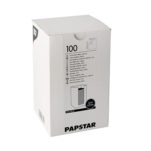 Eine weiße Schachtel mit der Aufschrift „PAPSTAR 100 Servietten, 2-lagig ‚PUNTO‘ 1/4-Falz 20 cm x 20 cm“ der PAPSTAR GmbH enthält Tissue-Servietten mit Produktinformationen, einem PUNTO-Design-Logo und einem auf der Schachtel aufgedruckten Öffnungsdiagramm.