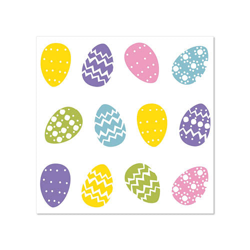 Die Servietten „Bunte Eier“ (50 Stück, 3-lagig, 25x25 cm) der PAPSTAR GmbH zeigen ein Raster aus zwölf gemusterten Ostereiern in Gelb, Lila, Rosa und Blau auf weißem Grund.