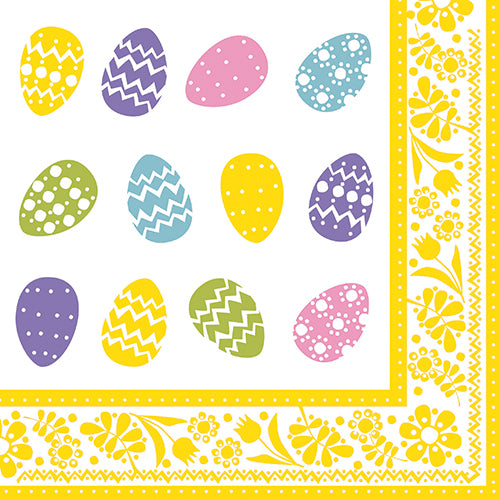 Die Servietten „Bunte Eier“ (50 Stück, 3-lagig, 40x40 cm) der PAPSTAR GmbH zeigen ein farbenfrohes Osterei-Design mit Punkten und Zickzack-Mustern, eingefasst von gelben Blumen – ideal für die festliche Dekoration einer Osterfeier.