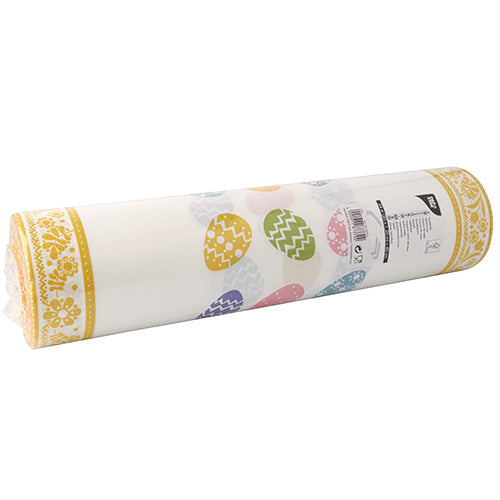 Der PAPSTAR Tischläufer, stoffähnlich Airlaid 24 m x 40 cm von der PAPSTAR GmbH mit pastellfarbenen Ostereiern und einer gelben Blumenbordüre – perfekt als elegante Tischdekoration für festliche Anlässe, mit Barcode-Etikett auf der Verpackung.