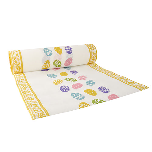Der PAPSTAR Tischläufer (24 m x 40 cm, Airlaid, stoffähnlich) von PAPSTAR GmbH ist weiß mit gelbem Rand und bunten Osterei-Mustern – ideal als elegante Tischdekoration für festliche Anlässe.