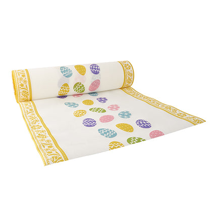 The PAPSTAR table runner (24 m x 40 cm, Airlaid, fabric-like) from PAPSTAR GmbH is white with a yellow border and colorful Easter egg patterns - ideal as an elegant table decoration for festive occasions.