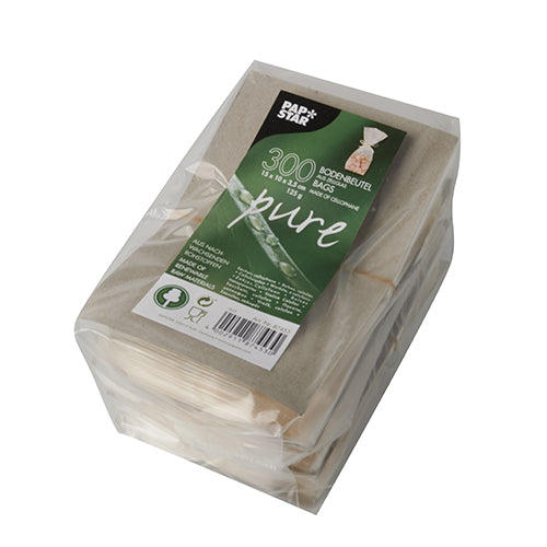 Die 300 Bodenbeutel Zellglas „pure“ transparent der PAPSTAR GmbH werden in einer nachhaltigen Verpackung mit grünem Etikett geliefert. Die braunen, biologisch abbaubaren Beutel sind innen sichtbar – perfekt für alle, die Wert auf umweltfreundliche Verpackung legen.