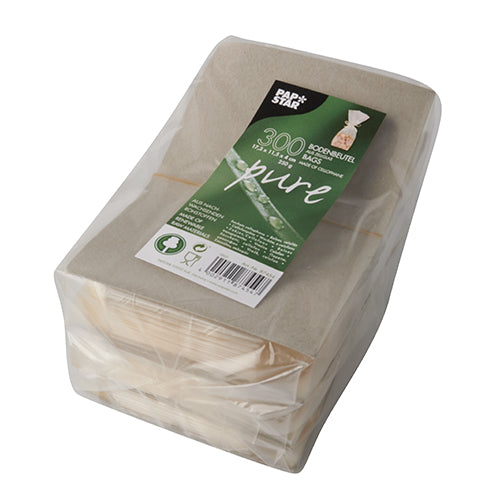 Eine transparente Packung mit 300 Stück „pure“ Zellophantüten der PAPSTAR GmbH, biologisch abbaubar und kompostierbar, ideal für nachhaltiges Verpacken.