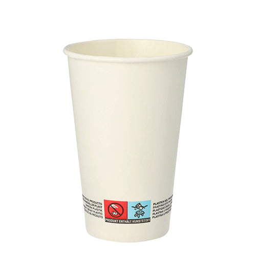 Ein schlichter, weißer PAPSTAR 50 Trinkbecher, Pappe 0,3 l der PAPSTAR GmbH, aus stabiler Pappe mit Warnhinweis und Recyclingsymbolen im Bodenbereich, abgebildet auf weißem Hintergrund.
