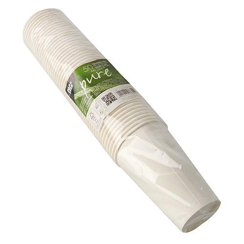 A sealed pack of 50 white PAPSTAR paper cups (0.3 l), stacked and wrapped in plastic, with a green-white label containing product information from PAPSTAR GmbH.