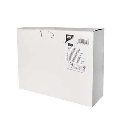 The Starpak 100 cutlery pouches airlaid (40 x 48 cm, with cutlery fold) are delivered in a rectangular white box with a simple lid, two holes on top, a '100' label on the front, a barcode, and care instructions - ideal for table decoration.