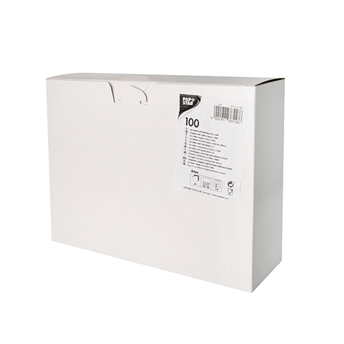 Die Starpak 100 Bestecktaschen Airlaid (40 x 48 cm, mit Besteckfalz) werden in einer rechteckigen weißen Schachtel mit einfachem Deckel, zwei Löchern oben, einem „100“-Etikett auf der Vorderseite, einem Barcode und Pflegehinweisen geliefert – ideal für die Tischdekoration.