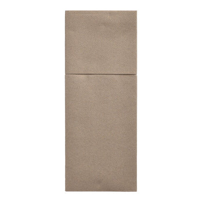 The Starpak 100 cutlery pouches, airlaid 40 x 48 cm with cutlery fold, are brown, rectangular, lengthwise folded napkins - ideal for table decorations or as stylish cutlery pouches.