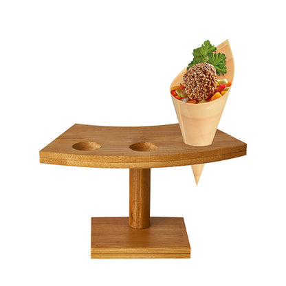 The PAPSTAR holder for 3 cone bags made of bamboo "pure" (9x16 cm) by PAPSTAR GmbH is ideal for stylish buffet presentation. With a rectangular base, vertical support, and three round slots for cone bags full of treats.