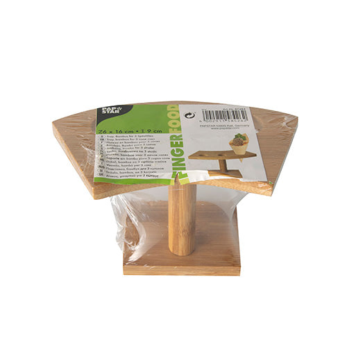 A compact, rectangular PAPSTAR holder for 3 cone bags made of bamboo (9x16 cm), individually wrapped in foil. With green-white label, barcode, and food motif—ideal for stylish buffet presentation.