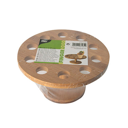 A round bamboo PAPSTAR holder for cone bags (Ø 18 cm) from PAPSTAR GmbH, with ten holes, packaged in plastic and a green-white label on top with ideas for presenting cone bags and detailed product information.