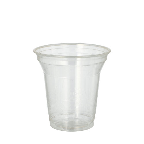 Ein transparenter PAPSTAR 80 Kaltgetränkebecher, PLA „pure“ 0,2 l der PAPSTAR GmbH steht aufrecht auf weißem Untergrund. Der umweltfreundliche Becher ist leer, hat einen leicht ausgestellten Rand und misst Ø 9,5 cm x 9,59 cm (80 Stück).