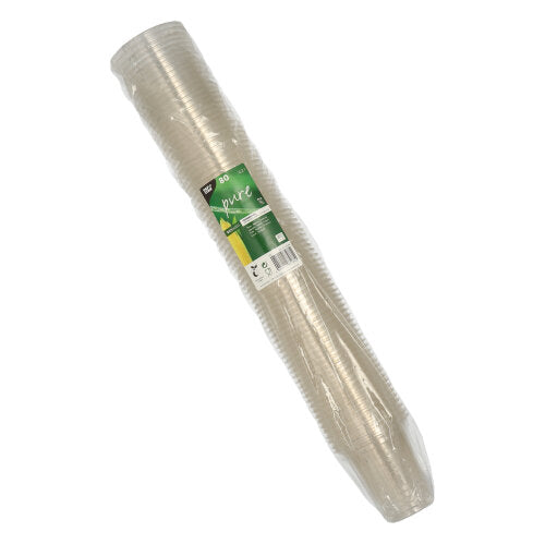 Ein Stapel PAPSTAR 80 Kaltgetränkebecher „pure“ 0,2 l klare PLA-Becher (Ø 9,5 cm) der PAPSTAR GmbH wird in Plastikfolie geliefert und bietet eine umweltfreundliche Alternative für Ihre Kaltgetränke.