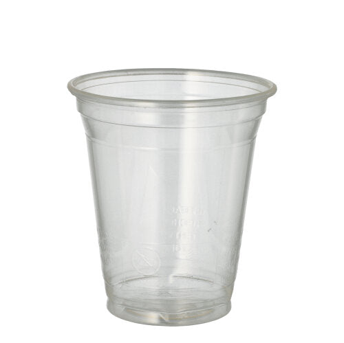 Ein transparenter PAPSTAR 70 Kaltgetränkebecher, PLA „pure“ 0,3 l (Ø 9,5 cm · 10,68 cm), steht aufrecht auf weißem Hintergrund. Hergestellt von der PAPSTAR GmbH, ist es umweltfreundlich und biologisch abbaubar. Packung enthält 70 glasklare Becher in Folie.
