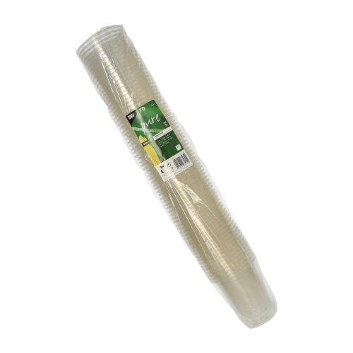 Ein Stapel PAPSTAR 70 biologisch abbaubar Kaltgetränkebecher, PLA „pure“ 0,3l, glasklar, Ø9,5cm·10,68cm (70 Stück), von PAPSTAR GmbH in Folienverpackung mit grün-weißem Label vor weißem Hintergrund fotografiert.