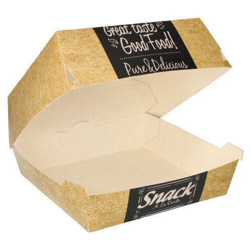 Eine braune, rechteckige PAPSTAR GmbH Burgerbox aus Pappe "pure" mit einem teilweise geöffneten Deckel. Auf den schwarz-weißen Etiketten steht "Great Taste Good Food", "Pure & Delicious" und "Snack A La Carte". Die Packung enthält 50 Boxen.