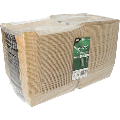 A stack of 50 PAPSTAR "pure" burger boxes of PAPSTAR GmbH, made of cardboard, in clear plastic wrap with a green label - the eco-friendly hamburger box for sustainable packaging.