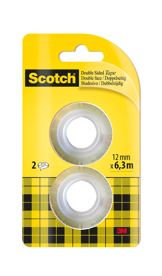 Eine Packung 3M Scotch® doppelseitiges Klebeband (Nachfüllpackung), 2 Rollen, je 12 mm x 6,3 m, von 3M Deutschland GmbH, in mehrsprachiger gelb-schwarz karierter Verpackung.