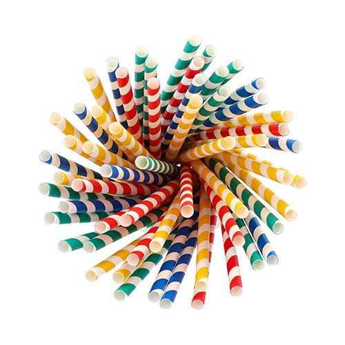 Die PAPSTAR 100 Shake-Halme aus Papier (Ø 8 mm, FSC-zertifiziert) von PAPSTAR GmbH sind nachhaltig, bunt gestreift in Rot, Gelb, Grün und Blau und kreisförmig auf weißem Hintergrund arrangiert.