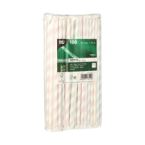 Eine 100er-Packung PAPSTAR Trinkhalme Papier, Ø 6 mm x 20 cm, pastellgestreift der PAPSTAR GmbH befindet sich in einer Klarsichtfolie mit einem grün-weißen Etikett mit den Produktangaben.