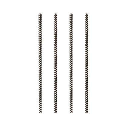 Vier PAPSTAR 100 Trinkhalme aus Papier (Ø 6 mm) der Marke PAPSTAR GmbH sind schwarz-weiß gestreift und vertikal auf einem schlichten weißen Hintergrund angeordnet.