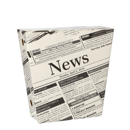 Die PAPSTAR 50 Pommes-Frites-Schütten aus Pappe (4,3x14,5x11 cm) im „Newsprint“-Design mit Klappdeckel bieten eine umweltfreundliche Lösung von PAPSTAR GmbH für Ihre Snacks.