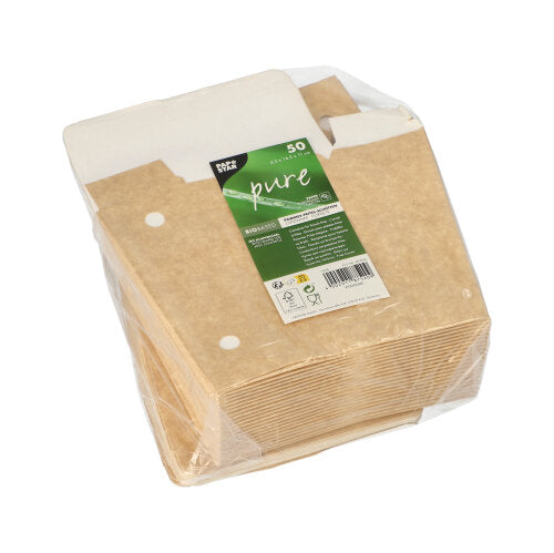 Ein klarer, in Kunststoff verpackter Stapel von 50 braunen PAPSTAR "pure" Pommes-Frites-Schütten aus umweltfreundlicher Pappe mit Klappdeckel, grün-weißem Etikett und Produktinfos der Marke PAPSTAR GmbH.