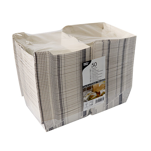 In einer transparenten Schrumpfverpackung befinden sich 50 große PAPSTAR Burgerboxen (7,8 x 11 x 11,5 cm) im beige-grauen „Newsprint“-Design, das Frontetikett zeigt Produktdetails der PAPSTAR GmbH.
