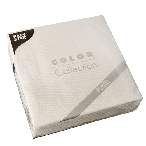 A sealed pack of 30 white 2-ply napkins "PUNTO" (38x38 cm, 1/4 fold) from PAPSTAR GmbH with a subtle dot pattern – ideal for elegant table decoration.