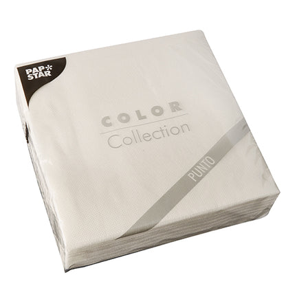 A sealed pack of 30 white 2-ply napkins "PUNTO" (38x38 cm, 1/4 fold) from PAPSTAR GmbH with a subtle dot pattern – ideal for elegant table decoration.
