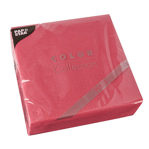 A pack of 30 PAPSTAR napkins "PUNTO" in red, 2-ply (38x38 cm, 1/4 fold) in clear foil with "Color Collection" label and PAPSTAR logo – ideal for stylish table decoration.