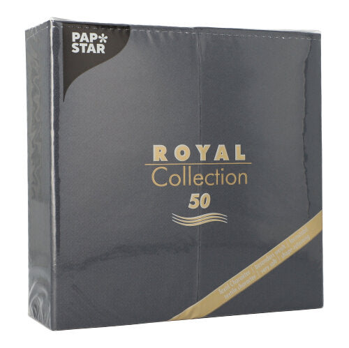 A dark gray package from PAPSTAR GmbH with the inscription "ROYAL Collection 50" and gold-white text contains 50 napkins (1/8-fold, 40x40 cm) for elegant table decoration, shrink-wrapped in clear foil.