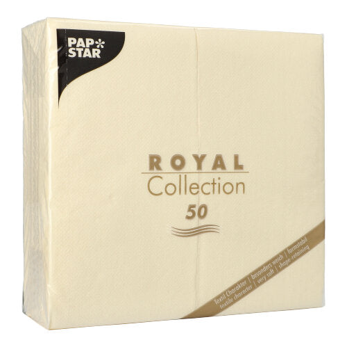 A package with 50 napkins (1/8-fold, 40 x 40 cm) from PAPSTAR GmbH from the PAPSTAR ROYAL Collection in cream – ideal for elegantly set tables – features golden and black text as well as a diagonal gold stripe at the bottom right on the packaging.