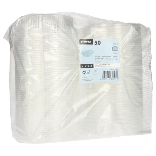 A clear plastic packaging contains 50 Starpak octagonal transparent PP disposable cups with hinged lid. The label includes the Starpak brand, product details, and recycling information in multiple languages.
