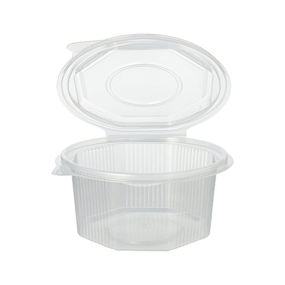 The Starpak 50 packaging cup with hinged lids is an octagonal, transparent PP food container with a hinged lid and vertical side ribs. It is sold empty.