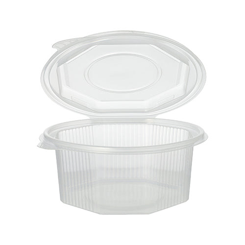 A transparent, octagonal Starpak 50 packaging cup with hinged lids (PP) is depicted open and empty. The container has vertical grooves on the sides and a smooth, flat top.
