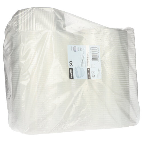 A clear plastic packaging with 50 Starpak packaging cups with hinged lids, 8-sided transparent PP cups, features a rectangular white label with product information and a barcode.