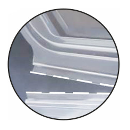 A close-up of two overlapping metal sheets with a dashed line at the junction, within a circle – similar to how Starpak 50 packaging cups with hinged lids, PP transparent octagonal ensure a secure seal.