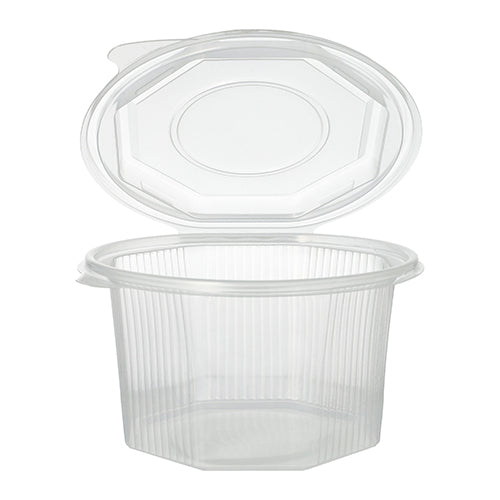The Starpak 50 packaging cup with hinged lids is an octagonal, transparent food container made of PP with ribbed sides and an attached hinged lid, depicted open.