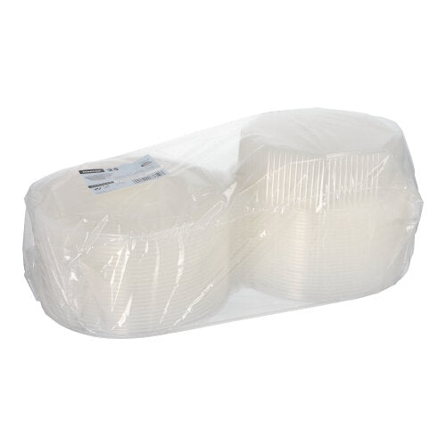 Ein transparenter Starpak Polypropylen 1,5L Verpackungsbecher (8-eckig, 5,9x18x18cm) enthält 25 Einwegschalen mit Klappdeckel und Etikett oben.