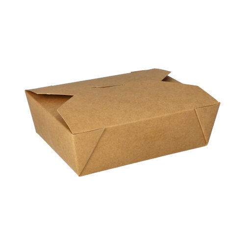 Eine geschlossene, rechteckige PAPSTAR 50 Lunchbox aus brauner, biologisch abbaubarer Pappe („pure“) der PAPSTAR GmbH steht vor weißem Hintergrund. Die umweltfreundliche Verpackung hat gefaltete Laschen und markante Eckfalten.