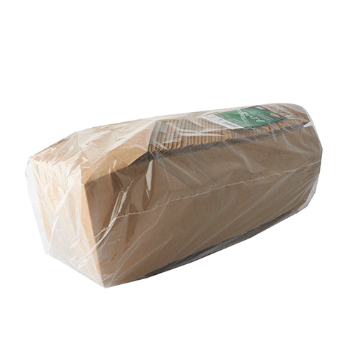 Die 50 Lunchboxen „Pappe pur“ braun der PAPSTAR GmbH sind umweltfreundliche Lunchboxen aus braunem Papier, ideal zum Verpacken von Sandwiches, abgebildet in einer transparenten Verpackung mit braunem Etikett auf weißem Hintergrund.