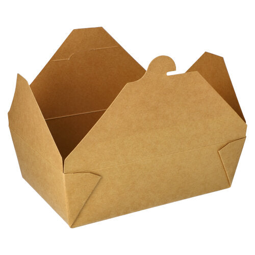 Die PAPSTAR 50 Lunchboxen aus Pappe „pure“ braun von PAPSTAR GmbH sind biologisch abbaubar und werden auf dem Bild mit offenen Klappen schräg vor weißem Hintergrund gezeigt.