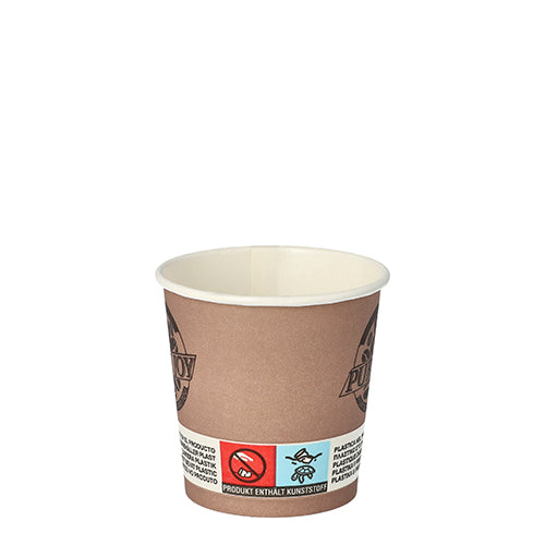 Ein lila Einweg-Pappbecher (0,1 l, Ø 6 cm) PAPSTAR 20 „Pure Joy“ der PAPSTAR GmbH, leer und isoliert auf Weiß abgebildet; mit Logoaufdruck, Strohhalm-/Bienen-Symbolen und Kunststoff-Warnhinweis – perfekt für freudige Momente.